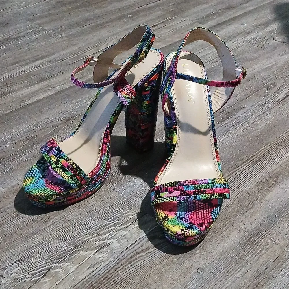 Liliana multicolor rainbow block heeled strappy shoes Sz 10 EUC